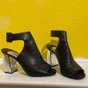 Prada Black Leather Heels with Silver Block Heel